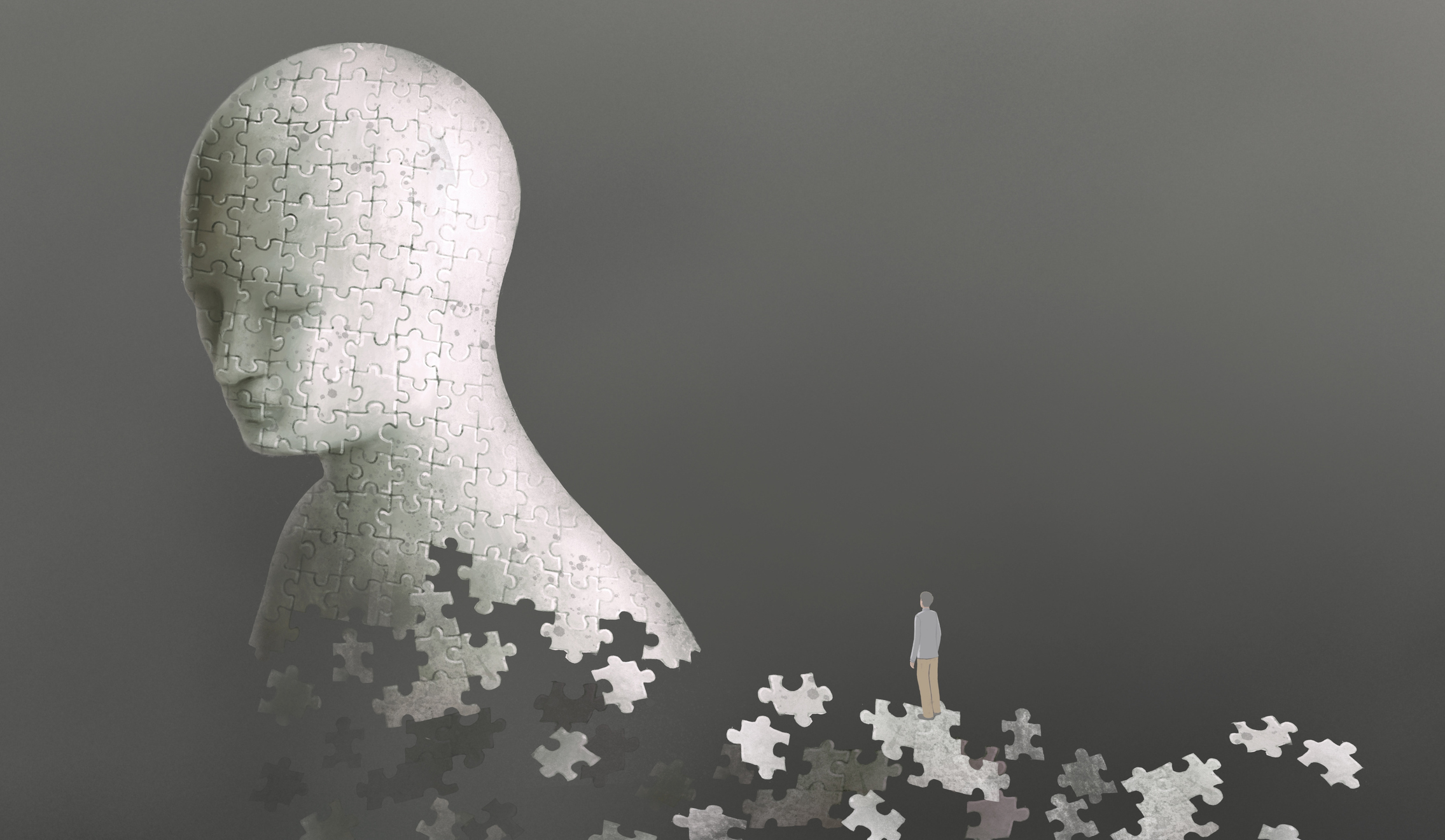 Conceptual artwork, Head of jigsaw puzzle, brain problem mind soul and psychology concept art, surreal painting illustration